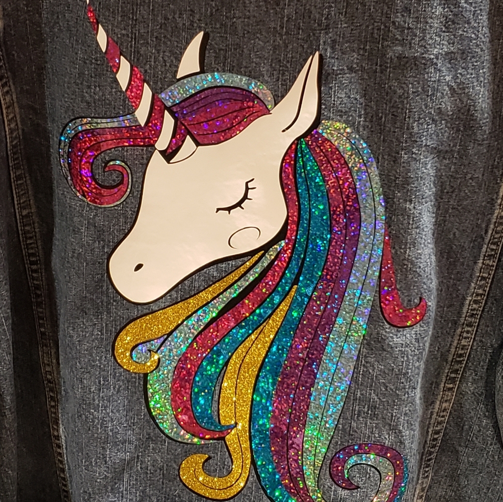 Upcycled Denim Jacket Holographic Unicorn - Picture 1 of 4